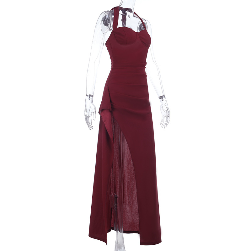 Halter Neck Long Dress Elegant Tie Up Bust Ruffle Slit Design Fashionable Dress_ecoleips.com