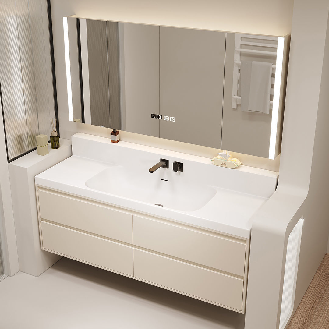 Japanese-style bathroom cabinet combination 75/85/95/105/115 wall-mounted faucet, seamless rock plate basin, solid wood washbasin full figure