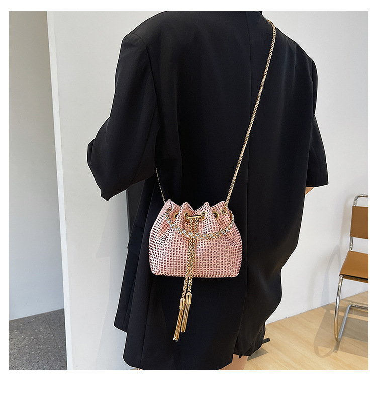 328g Weight Polyester Lining Material String Closure Type Single Shoulder Strap Strap Type Bucket Bag Bags Type Shopping Occasion Pu Leather Material Solid Color Pattern Women'S Gender Rhinestone Design Fashion Style Bucket Shape Small Size Women's Small Pu Leather Fashion Bucket Bag 13