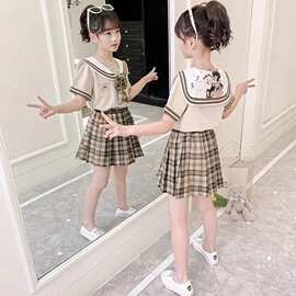女童套装裙夏季新款洋气时髦中大童jk水手制服百褶裙学院风两件套