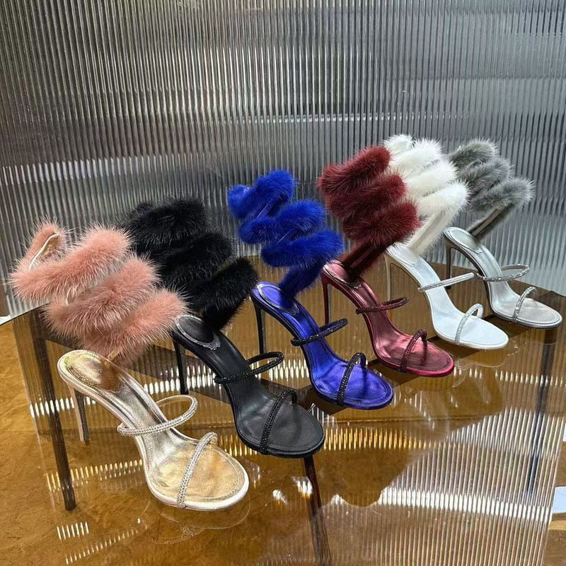 Rc High Heels Pink Rabbit Fur Snake-Shaped Rhinestone Wrapped Fur Stiletto Sandals Wedding Shoes Bridesmaid Shoes Large Size Shoes