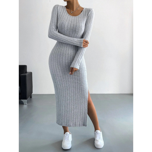 Hot-selling European and American cross-border Amazon 2025 spring/autumn new long-sleeved crewneck split-knit long dress for women