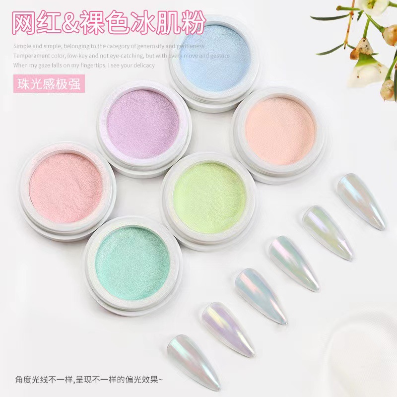 Nuevo polvo nacarado Aurora desnudo transfronterizo para manicura en línea celebridad hielo piel en polvo de alta luz hielo transparente blanco brillo en polvo