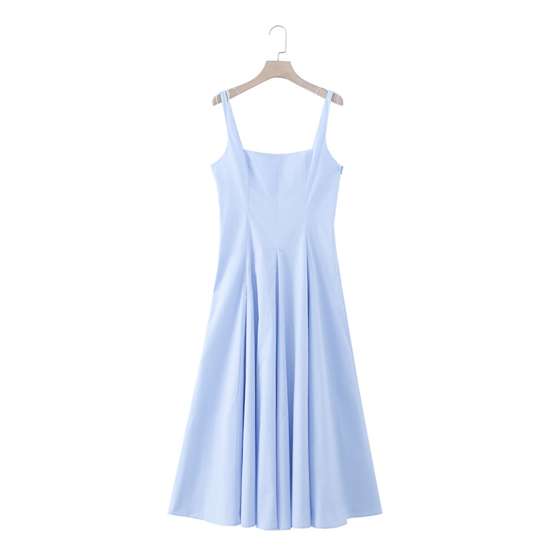 85XL-6951 Light Blue Suspender Dress 2026 Spring and Summer New Cotton Square-Neck Wavy Wide-Hem Poplin Dress