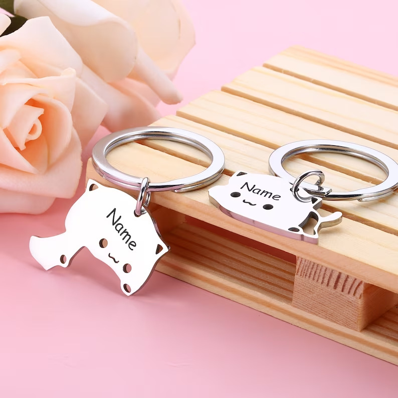 etsy personalized laser engraving name stainless steel keychain couple pendant cute cartoon accessories