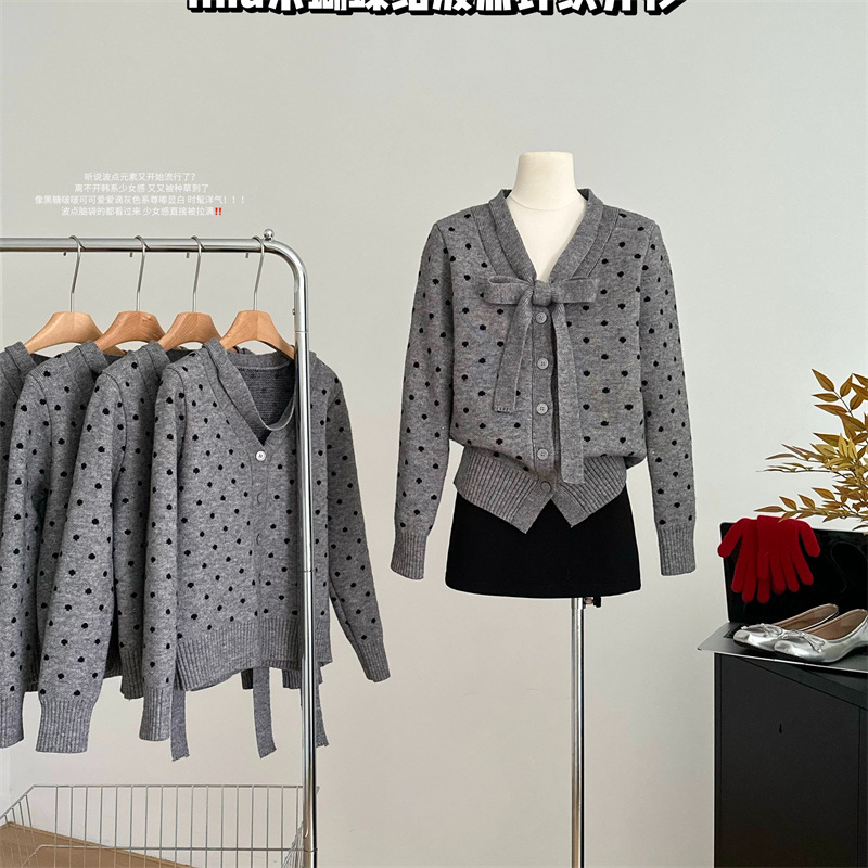 Miu Style Elegant Grey Bow Tie Scarf V-Neck Knitted Cardigan Fresh Style Polka Dot Sweater Coat Top Miu Style Elegant Grey Bow Tie Scarf V-Neck Knitted Cardigan Fresh Style Polka Dot Sweater Coat Top