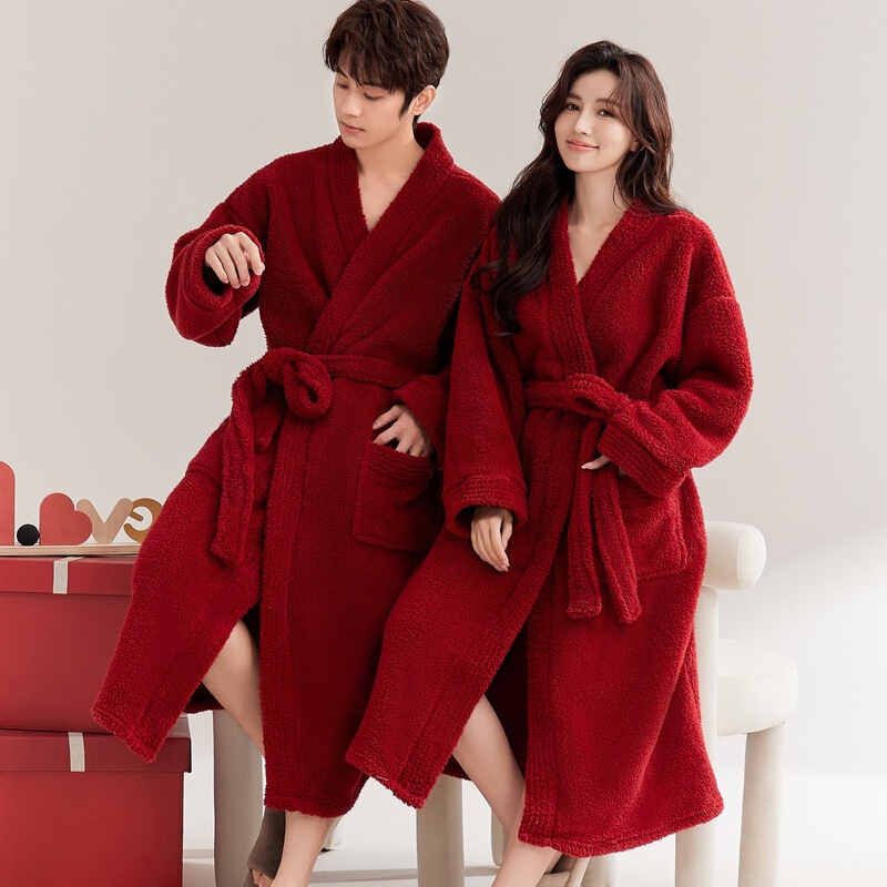 Red Couple's Nightgown Women's Autumn and Winter fleece-lined Thickened Flannel Pajamas Men's Wedding Newlywed Bathrobe Long Morning Gown Red Couple's Nightgown Women's Autumn and Winter fleece-lined Thickened Flannel Pajamas Men's Wedding Newlywed Bathrobe Long Morning Gown