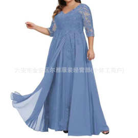 宴会晚礼服七分袖加大码新娘婚纱礼服长款雪纺时尚亚马逊女装长裙
