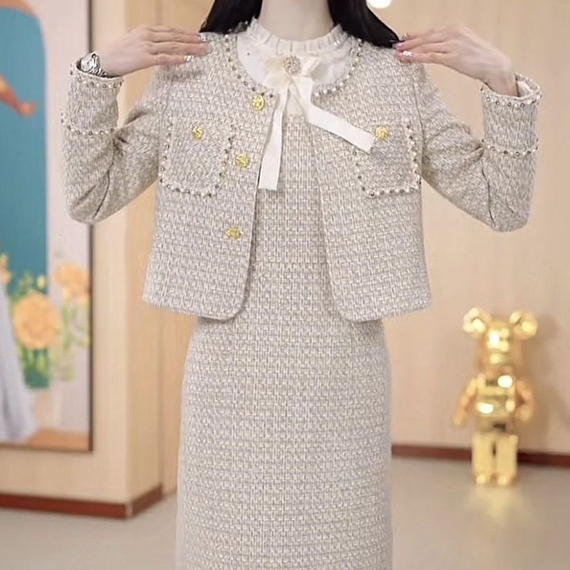 高档小香风两件套连衣裙2025秋冬新款时尚洋气显瘦外套裙套装女冬|undefined