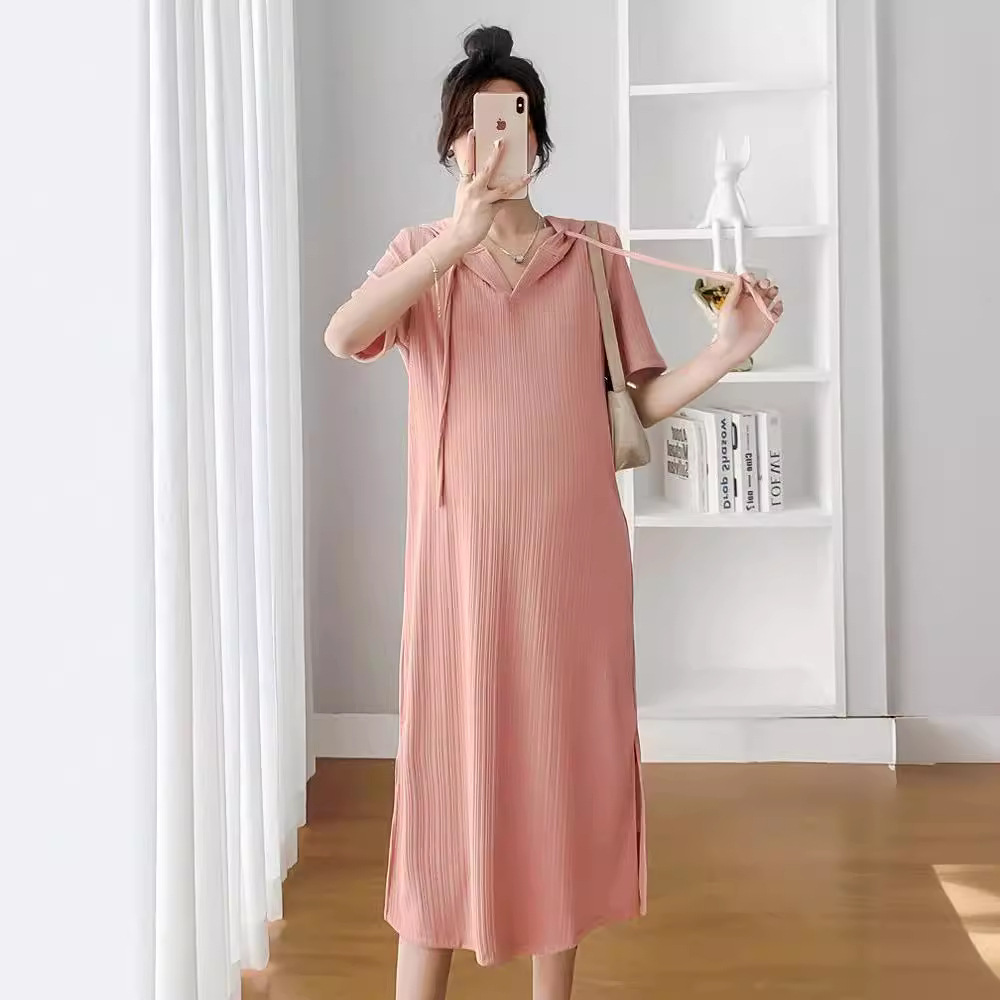 Pregnant women's dress summer 2024 new fashion hooded medium-length short-sleeve pregnancy maternity dress summer
