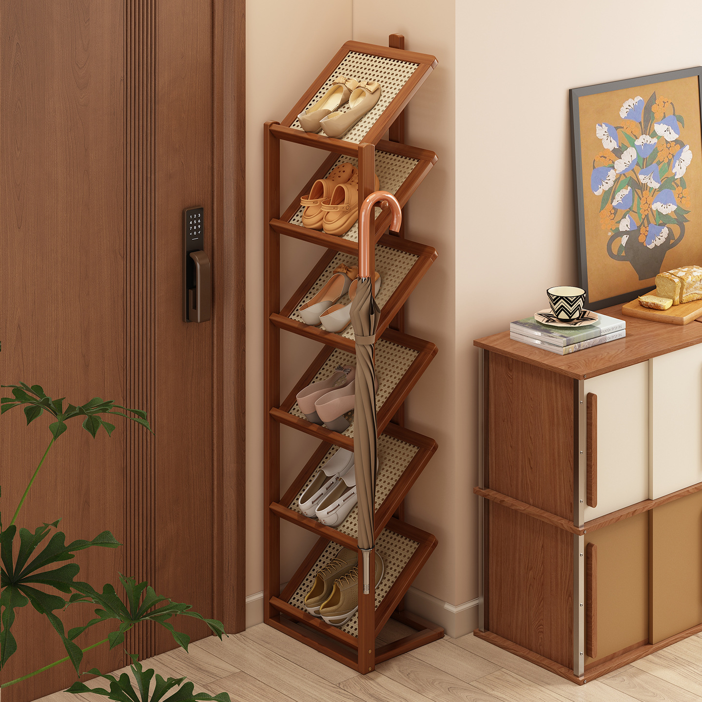 Estante de zapatos puerta multicapa de caña de plástico doméstica puerta de entrada pasillo zapatos acabado rack de almacenamiento ocupación de espacio pequeño simple gabinete de zapatos