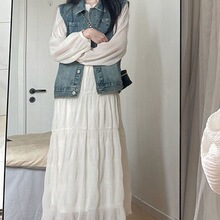 春秋季搭配一整套微胖显瘦牛仔马甲外套荷叶边连衣裙子两件套装女