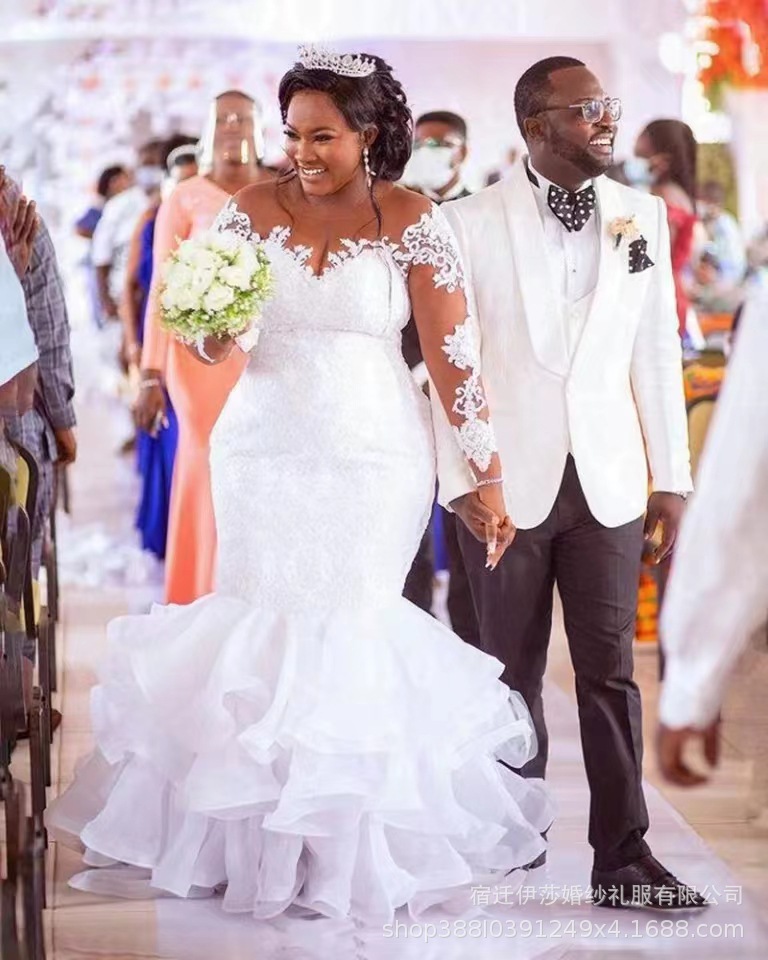 African new color mesh wedding dress lon...