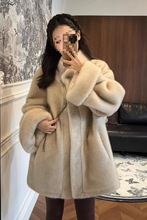 水貂毛绒中长款立领皮毛一体韩版挽袖中古双色皮草冬季毛毛外套女