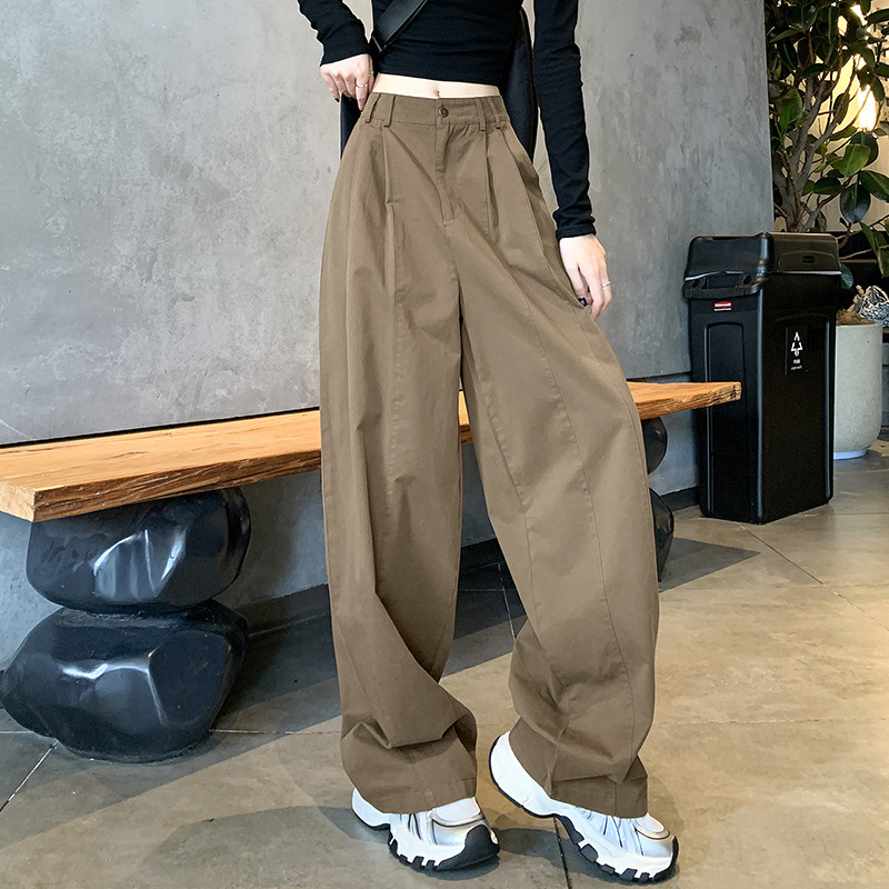 现货25春高个子棉抗皱洗水休闲工装裤女高腰直筒老钱风阔腿长裤|undefined