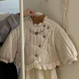 黁白女童棉服冬季2025新款儿童韩版蕾丝花边刺绣加厚外套女孩保暖