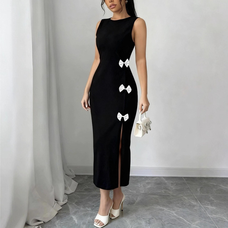 Cross-Border Popular Dress, Autumn Slim-Fit Long Dress, Elegant Style Knitted Dress with Slit, Long Women's Clothing, New Model for Women 2025