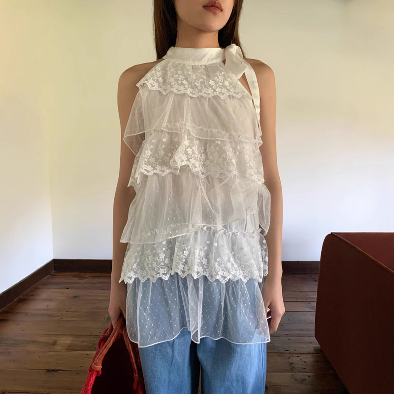 Interpretation of Beauty Newopen Thin Style Ribbon Bow Multi-Layer Splicing Sleeveless Lace Top for Women S5280