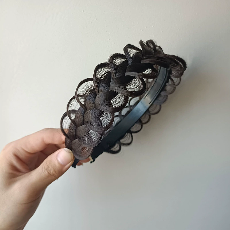 handmade wig headband with pigtail, scalloped hair accessory, matte silk, Ø≈15 cm