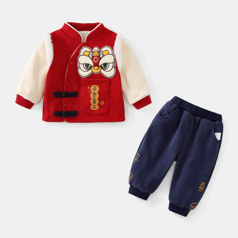 어린이 의류 겨울 어린이 세트 국가 스타일 사자 춤 소년과 소녀  투피스 어린이 1 세 원피스 소년 세트