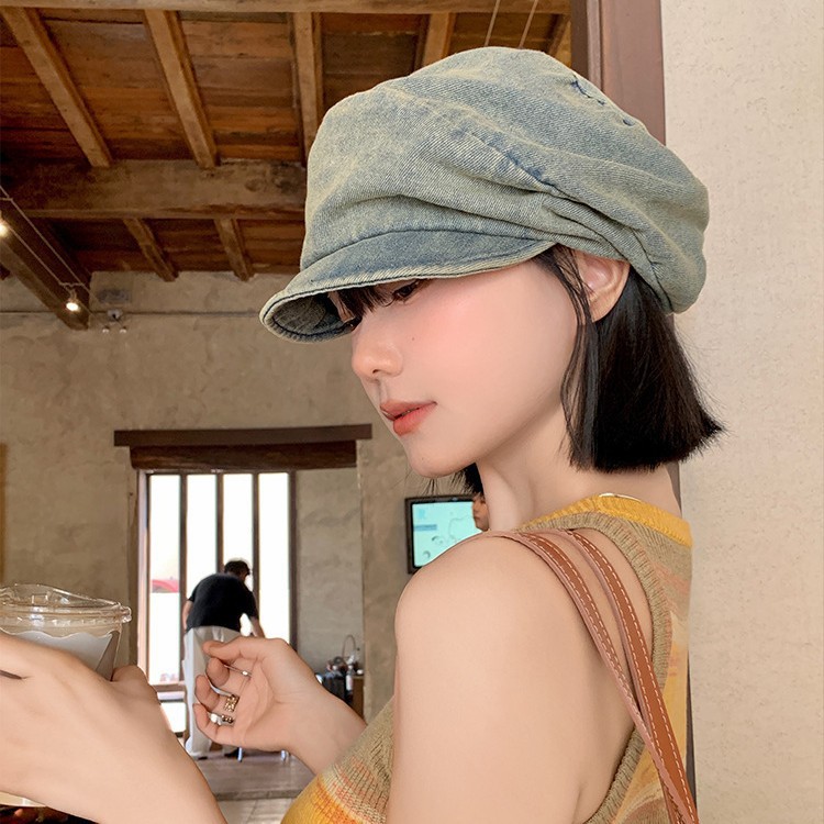 Basco in denim lavato vintage da donna, cappello ottagonale_voghion.com