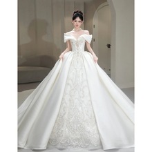 一字肩缎面主婚纱礼服新娘2025新款法式重工质感孕妇轻奢拖尾