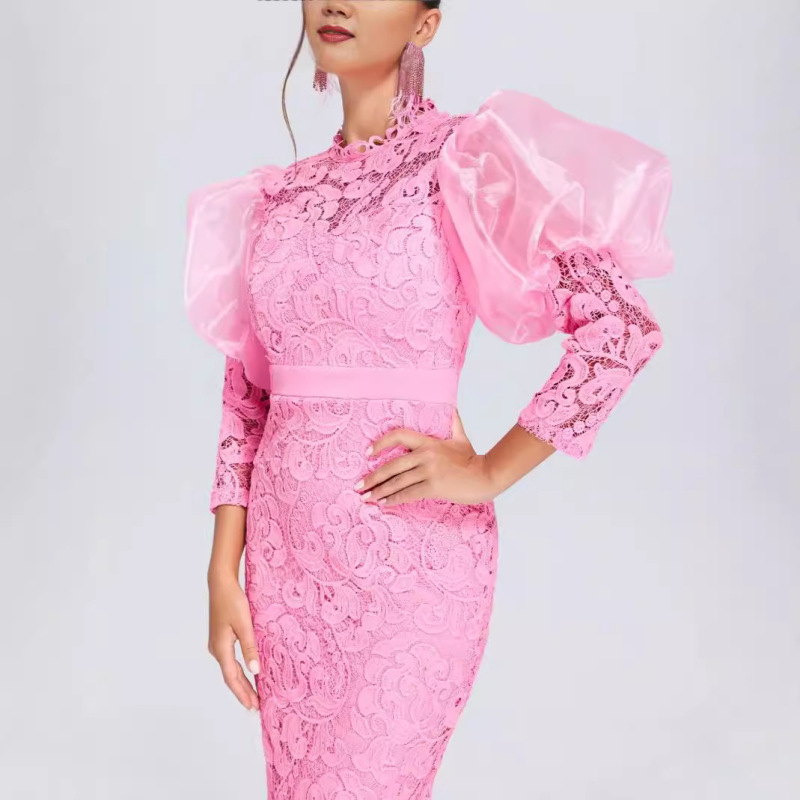 High-End European and American Dress, Lace See-Through Puff Sleeves, Slim Party Dress, Elegant and Exquisite Women's Dress