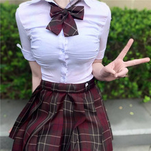 原创jk制服夏季辣妹修身显瘦百搭收腰衬衫海棠红格裙学院风百褶