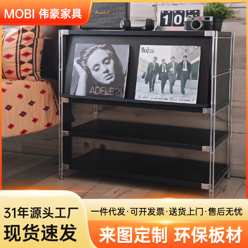 家用客厅黑色简约翻门杂志柜沙发边柜卧室落地收纳置物架储物柜