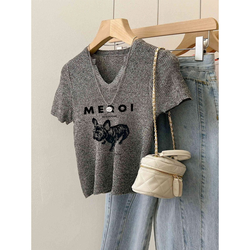 ダークグレーニット半袖レディース2025新作VネックショルダーTシャツニッチスリムフィットショートニットセータートップ|undefined