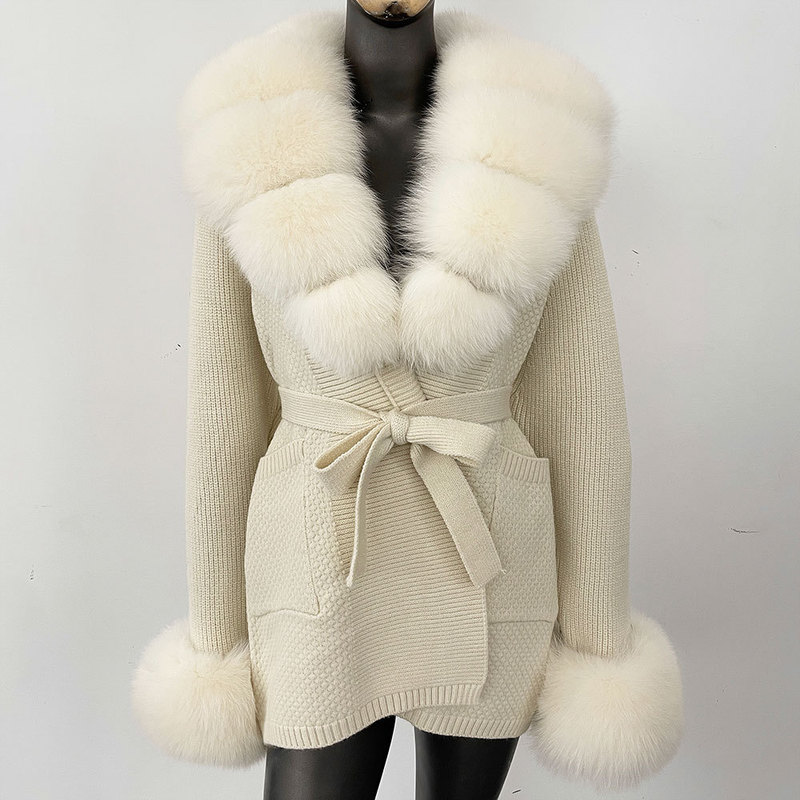 Thickened Bathrobe Lazy Style Super Large Real Fox Fur Collar Knitted Sweater Jacket Women's Mid-length Outer Cardigan