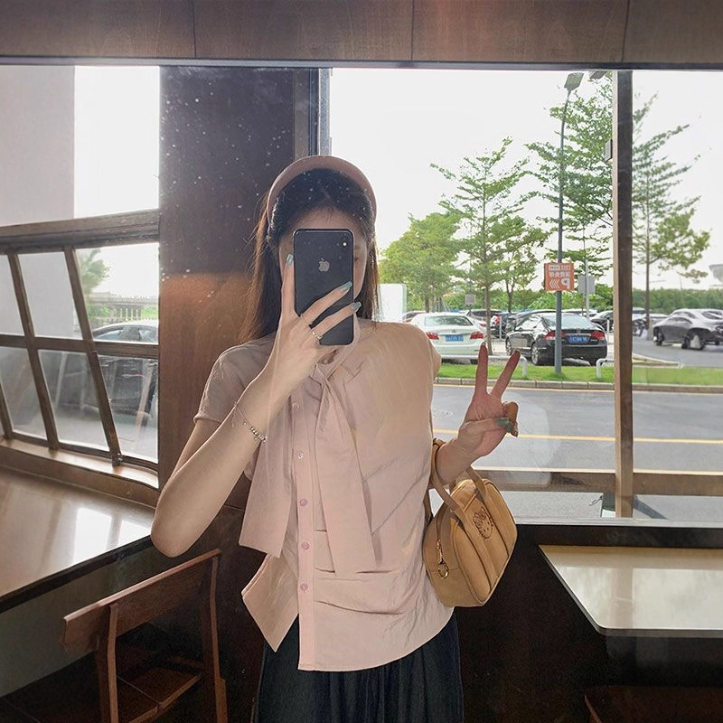 韩系条纹小飞袖飘带短袖衬衫女夏季设计感小衫不规则褶皱收腰上衣|undefined