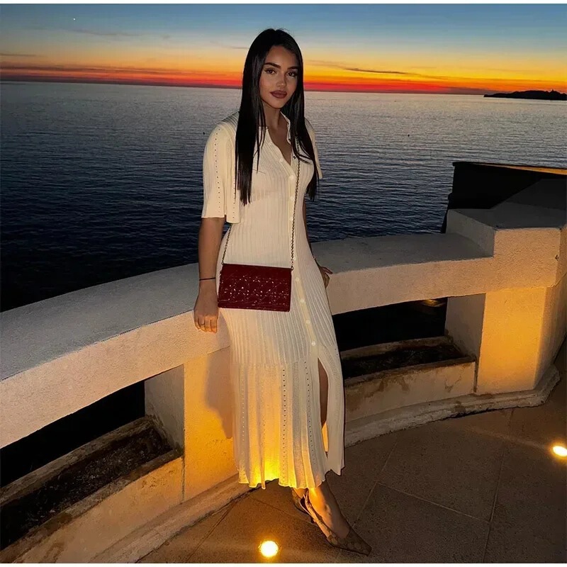 Cross-Border European and American Women's Clothing on Aliexpress: New Short-Sleeve Buttoned Slit Coat and Knitted Dress with a Fashionable and Elegant Look