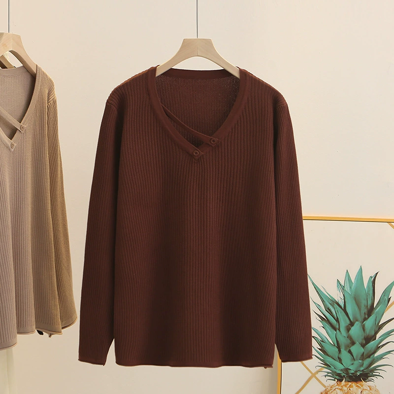 Large size knitted sweater V-neck women's 200 catties slimming top 2024 autumn stretch sweater fat MM casual shirt 8419