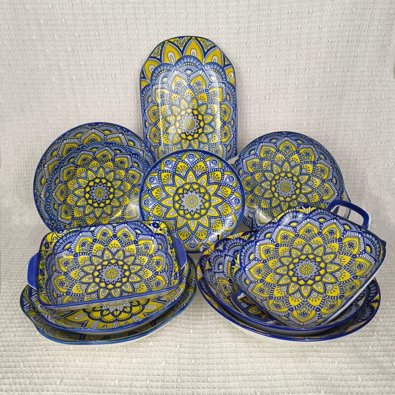 Japanese-Style Bohemian Ceramic Bowls and Plates, Household Rice Bowls, Soup Bowls, Instant Noodle Bowls, Double-Handle Baking Dishes, Serving Plates