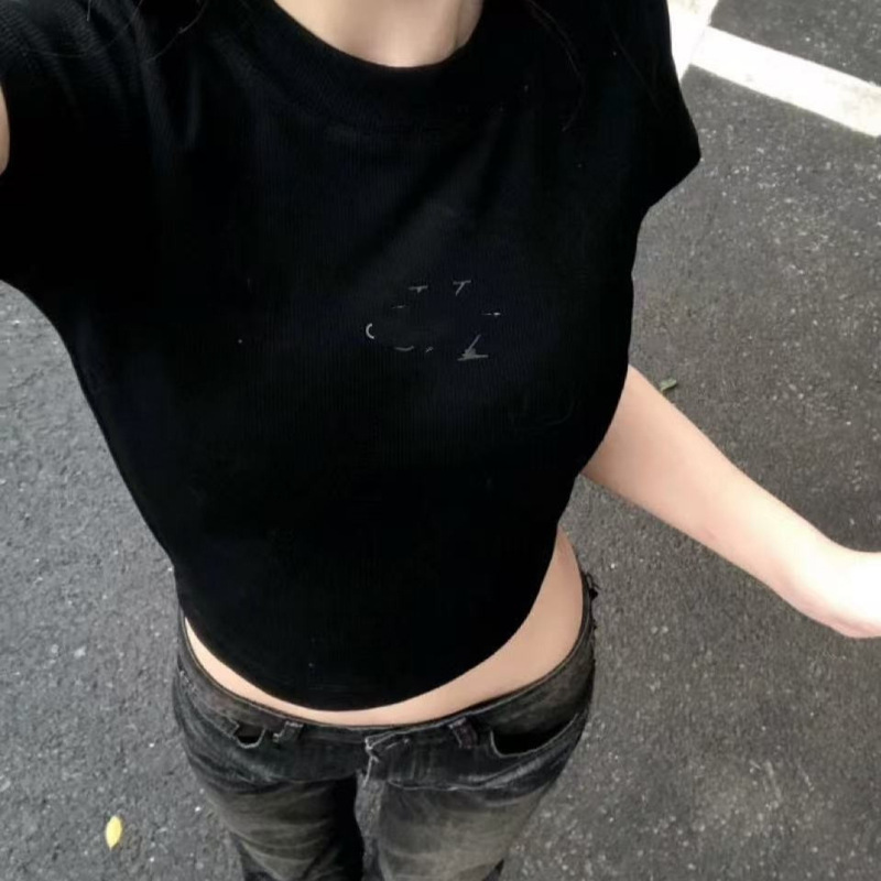 Correct Version of Jennie's Same Style Threaded Printed Short-Sleeved Right Shoulder Sexy Sexy Slim T-Shirt Short Top in Four Colors