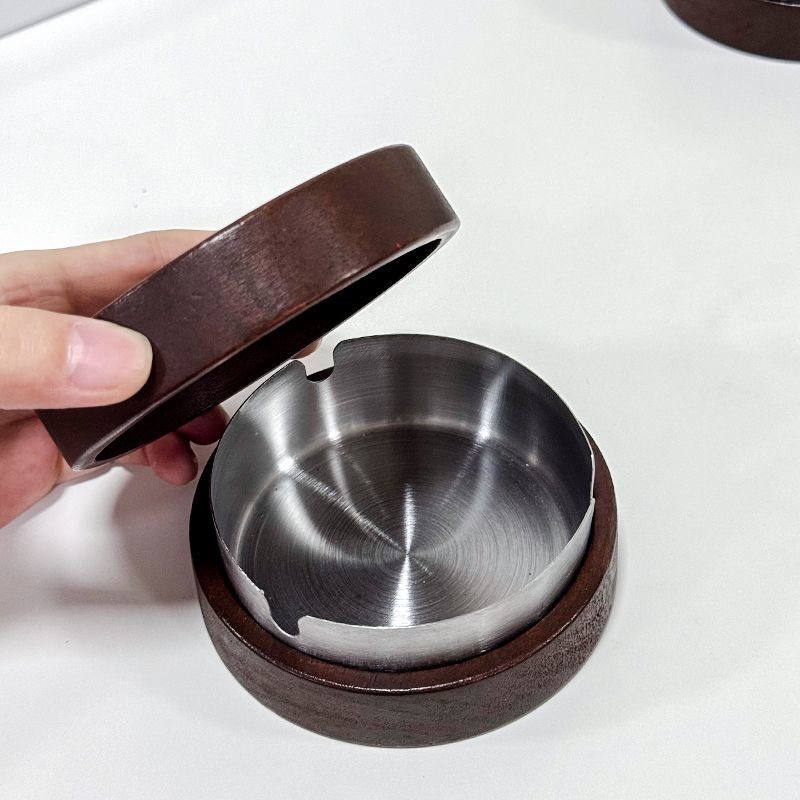 クルミ色の無垢材蓋付き灰皿、飛散防止木製無垢材ステンレス製、家庭用リビングルームオフィス用|undefined