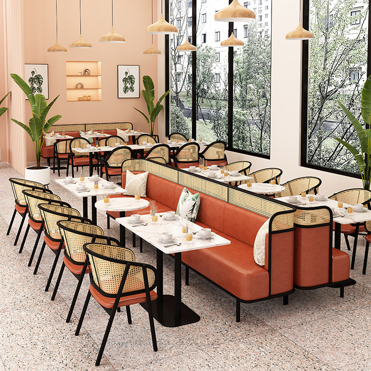 Cafetería cubierta de pared sofá hierro ratán mesa y silla combinación restaurante mesa de mármol restaurante ratán Silla de ratán