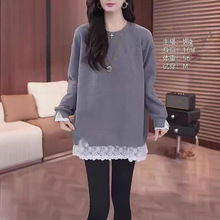 【假两件下摆蕾丝拼接中长款打底上衣女冬季遮屁股洋气内搭加厚卫
