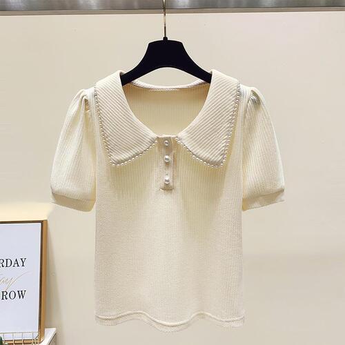 Women's Loose Bubble Sleeve Top for 2025 Summer, Fat Mm Slimming, Muscle Covering, Elegant, Square Shoulder, Short Sleeve T-Shirt