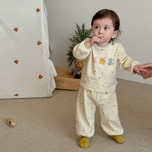 Children's Cartoon Suit 2025 New Autum Baby Polka Dot Sweatshirt Girls Korean Style Bear Sweatpants Two-Piece Set Trendy