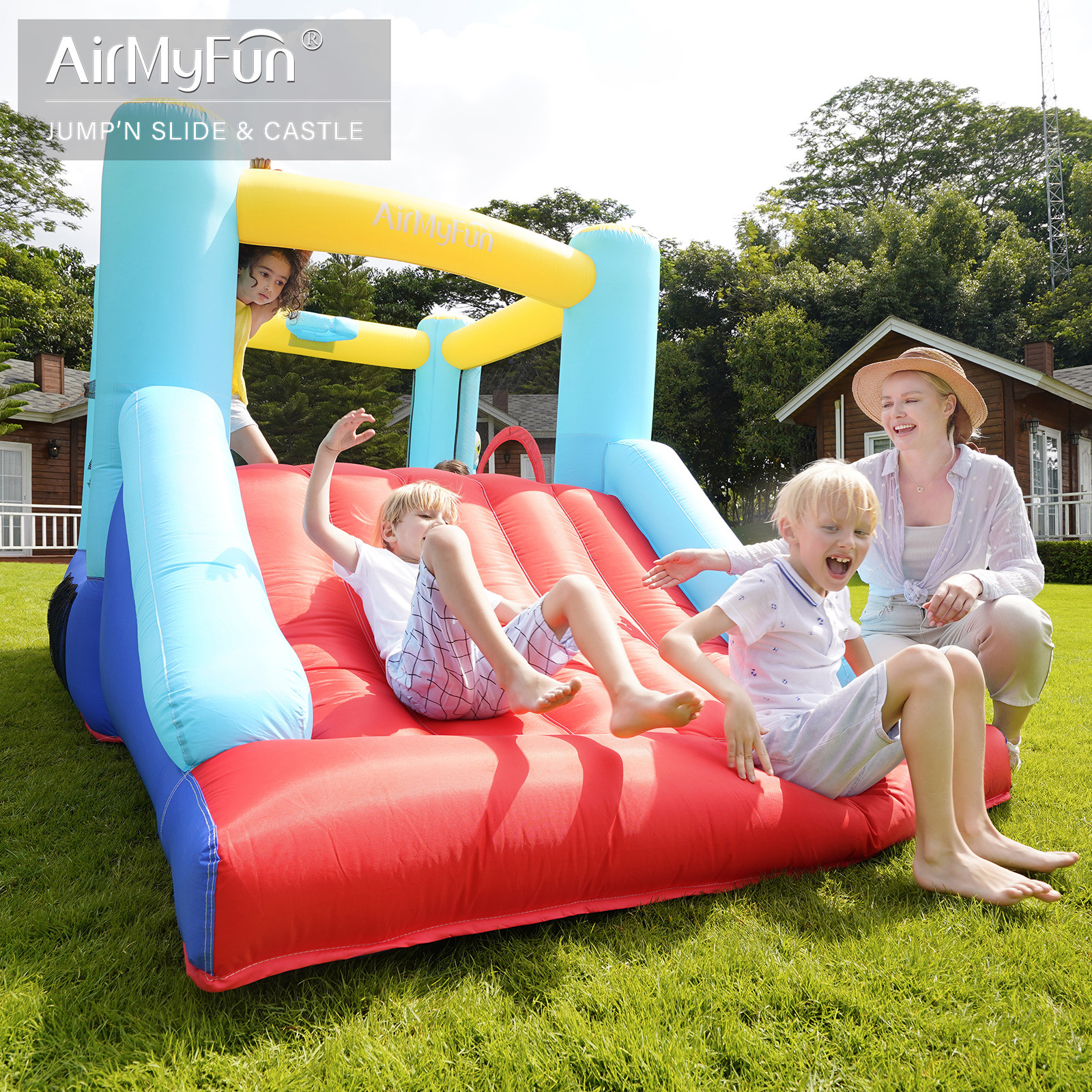 AMF | Castillo inflable para niños, tobogán inflable para interiores y exteriores, parque infantil, trampolín inflable pequeño para fiestas