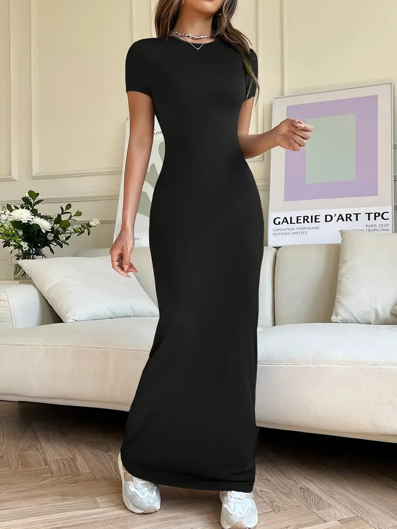 Cross-Border European and American Summer Short-Sleeved Slim-Fitting Short-Sleeved Sexy Long Skirt for Hot Girls Pure Lust Temperament Short-Sleeved Long Skirt for Women