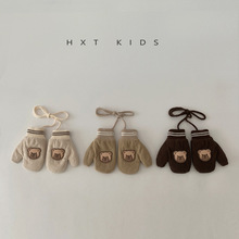 儿童手套冬天超萌可爱小熊连指加厚保暖1-5岁潮童宝宝挂脖手套冬