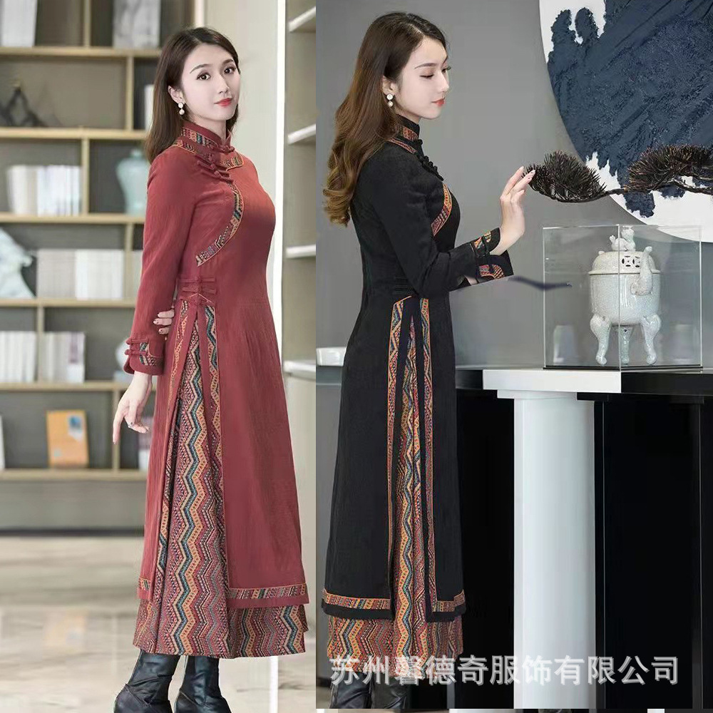 双层秋款冬春新款奥黛旗袍中国风加厚保暖夹仿棉复古仿棉麻连衣裙