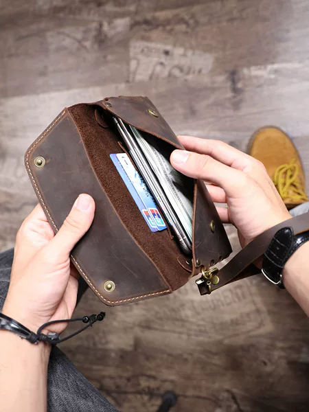 New Simple Crazy Horse Cowhide Clutch Men's Retro Wallet Large Capacity Mobile Phone Bag Handmade Genuine Leather European and American