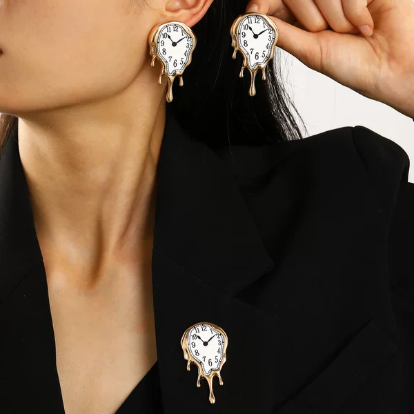 Cross-border retro melting clock earrings, featuring an irregular, flowing clock design, a European and American art style, and a unique and personalized look