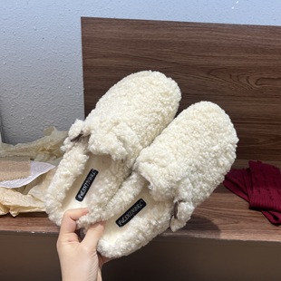 Furry Slippers Women's Outer Wear Flats Ins Trbottomy Shoes Autumn and Winter 2024 Thick-Soled Cotton Slippers Spring and Summer Plush