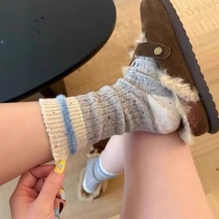 條紋撞色羊毛襪子女點子紗粗線中筒襪秋冬加厚保暖外穿堆堆襪長襪