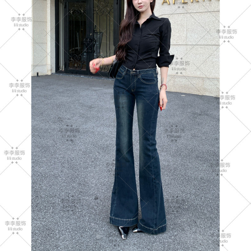 蓝灰色水洗微喇牛仔裤女中低腰2025秋季新款潮流修身显瘦喇叭长裤|undefined